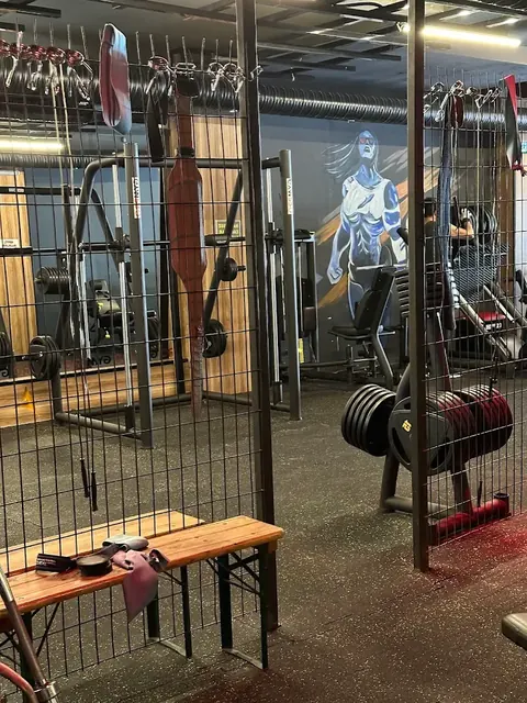 Squat kafesleri, ağırlık plakaları ve duvar resmi olan serbest ağırlık alanı